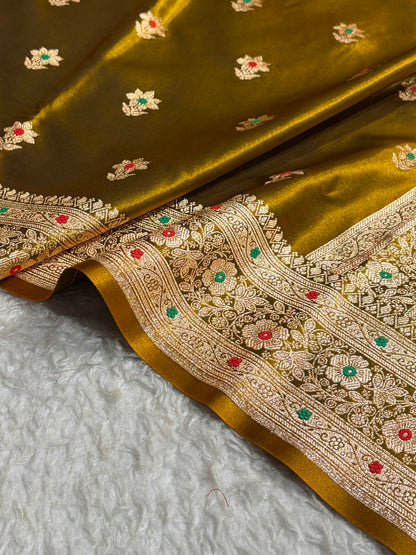 Mehendi Shades Minakari Boota Pattern Banarasi Satin Silk Saree SS44