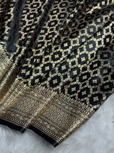 Rani With Black Horizontal Strips Floral Border & Brocket Blouse Mashru Silk Saree MSM-84