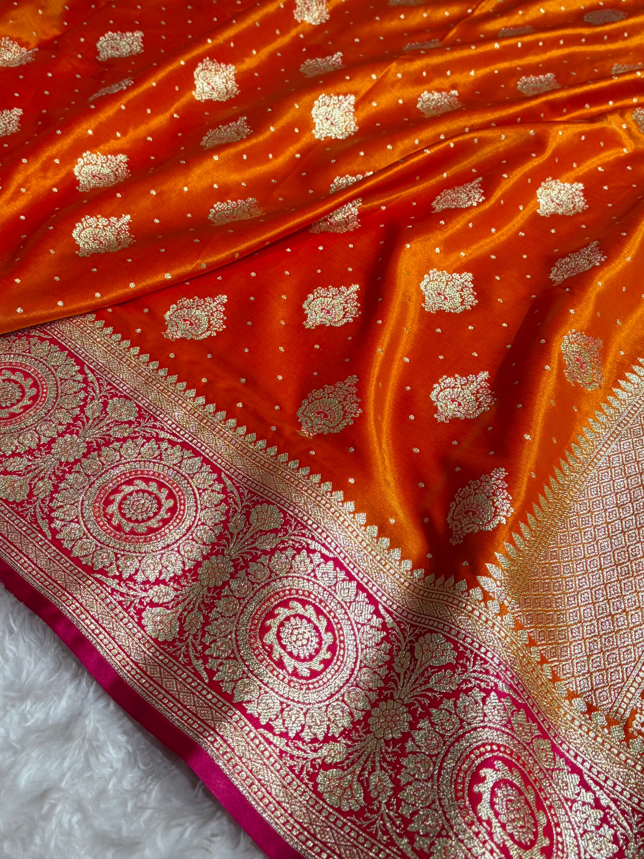 Satin Silk Unique Booti in Contrast Fire Gold With Rani Shades