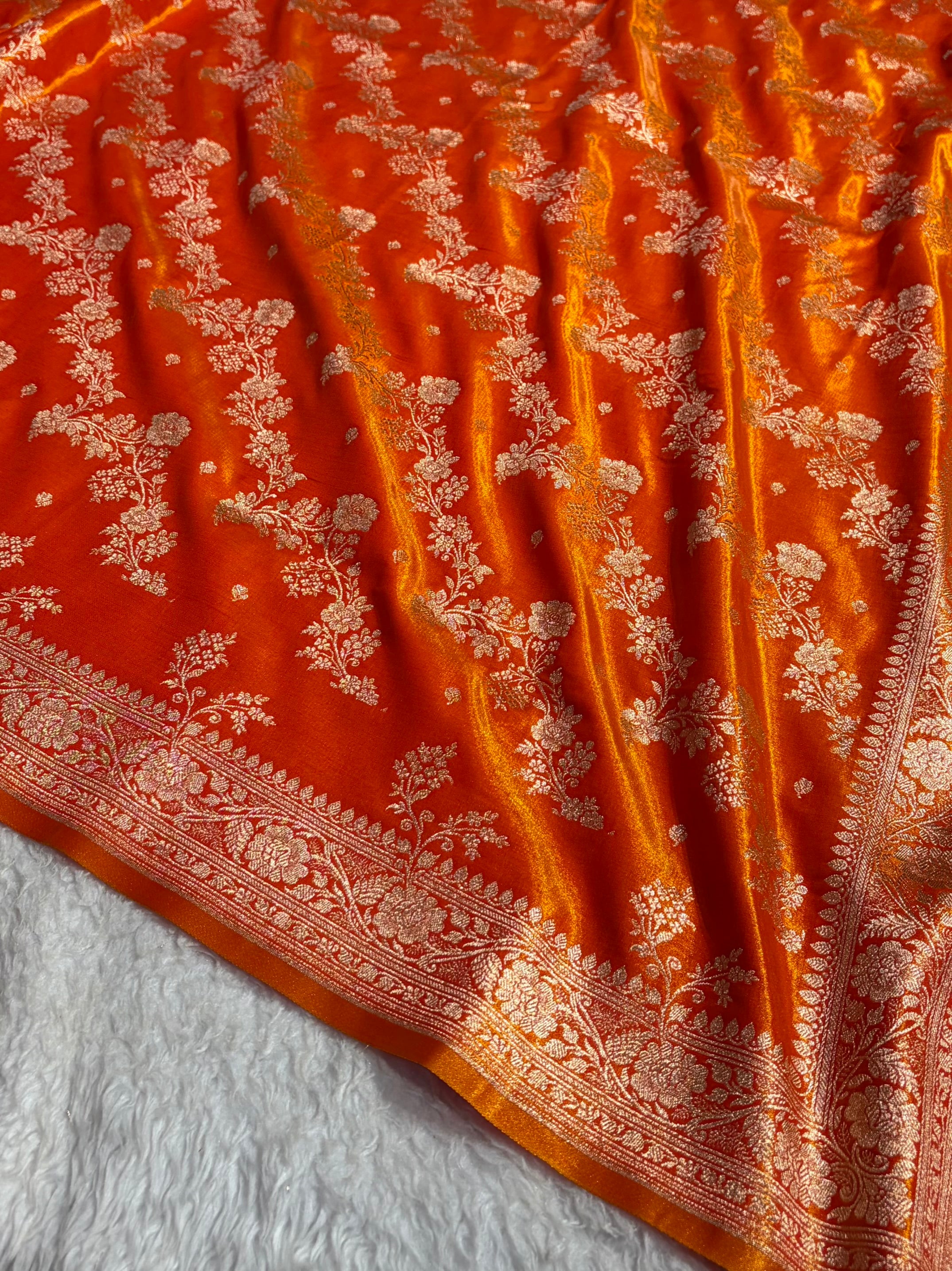 Satin Silk Saree Banarasi Cross with booti In Fire Gold Shades SS22