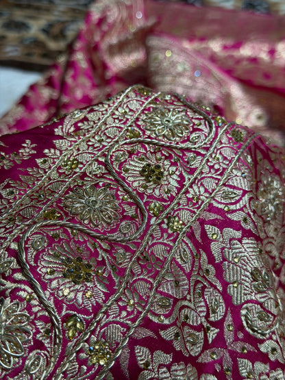 Pure Handloom Bridal Rani Katan Silk Banarasi Saree with Zardozy, Ari and Stone work PBSK01