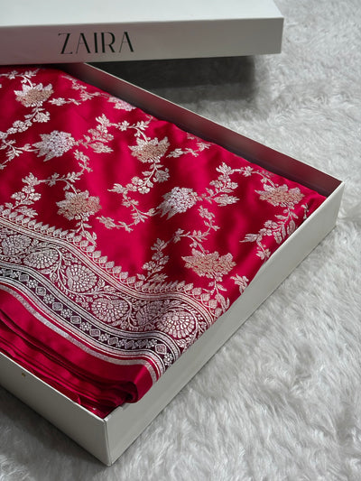 Red Shades Contrast Border With Minakari Floral Jaal Mashru Silk Saree