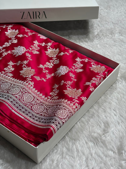 Red Shades Contrast Border With Minakari Floral Jaal Mashru Silk Saree