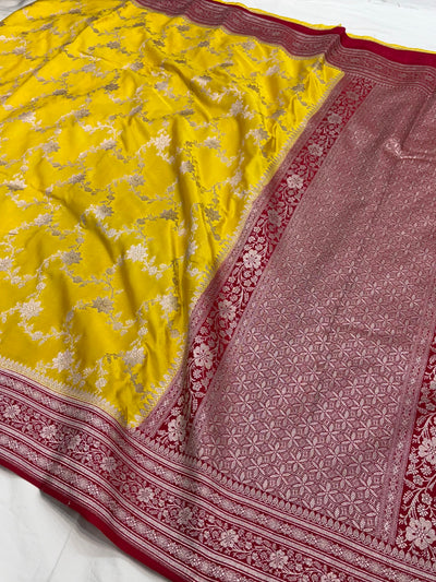 Mustard / Red Contrast Shade With Booti Pattern Mashru Silk Saree