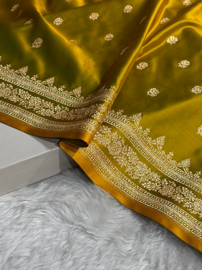 Banarasi Cross Liril Mehendi Floral Pattern Satin Katan Silk Saree SK76