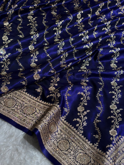 Satin Silk Cross Pattern With Swarovski Work in Royal Blue Shades BSS37