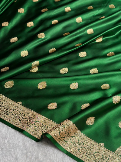 Banarasi Bottle Green Booti Pattern Satin Katan Silk Saree SK65