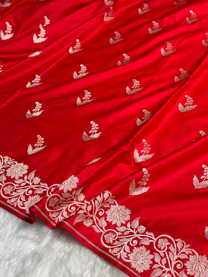 Red Boota With Floral Border Mashru Silk Saree MSM-90