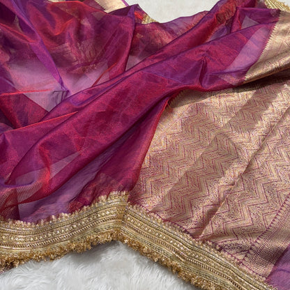 Semi Pure Tissue Silk Saree with Gotta Patti in Reddish Purple Shades TGP02