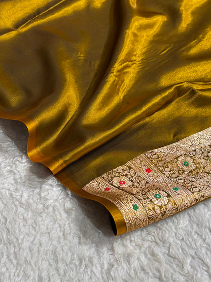 Mehendi Shades Minakari Boota Pattern Banarasi Satin Silk Saree SS44