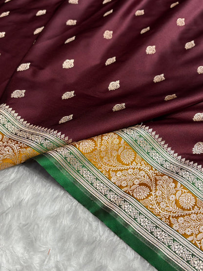 Banarasi Garnet With Contrast Mustard Floral Border Mashru Silk Saree MSM-101