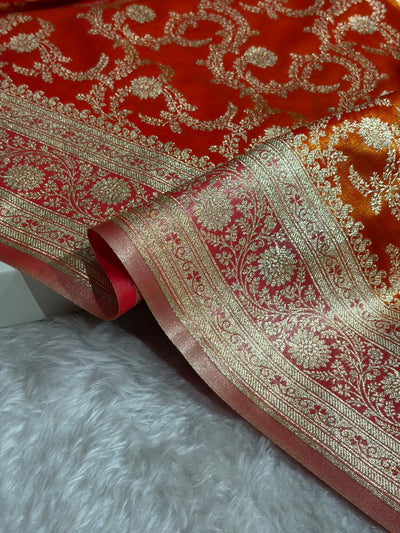 Fire Gold Contrast Shades Jaal Pattern Banarasi Satin Silk Saree SS47