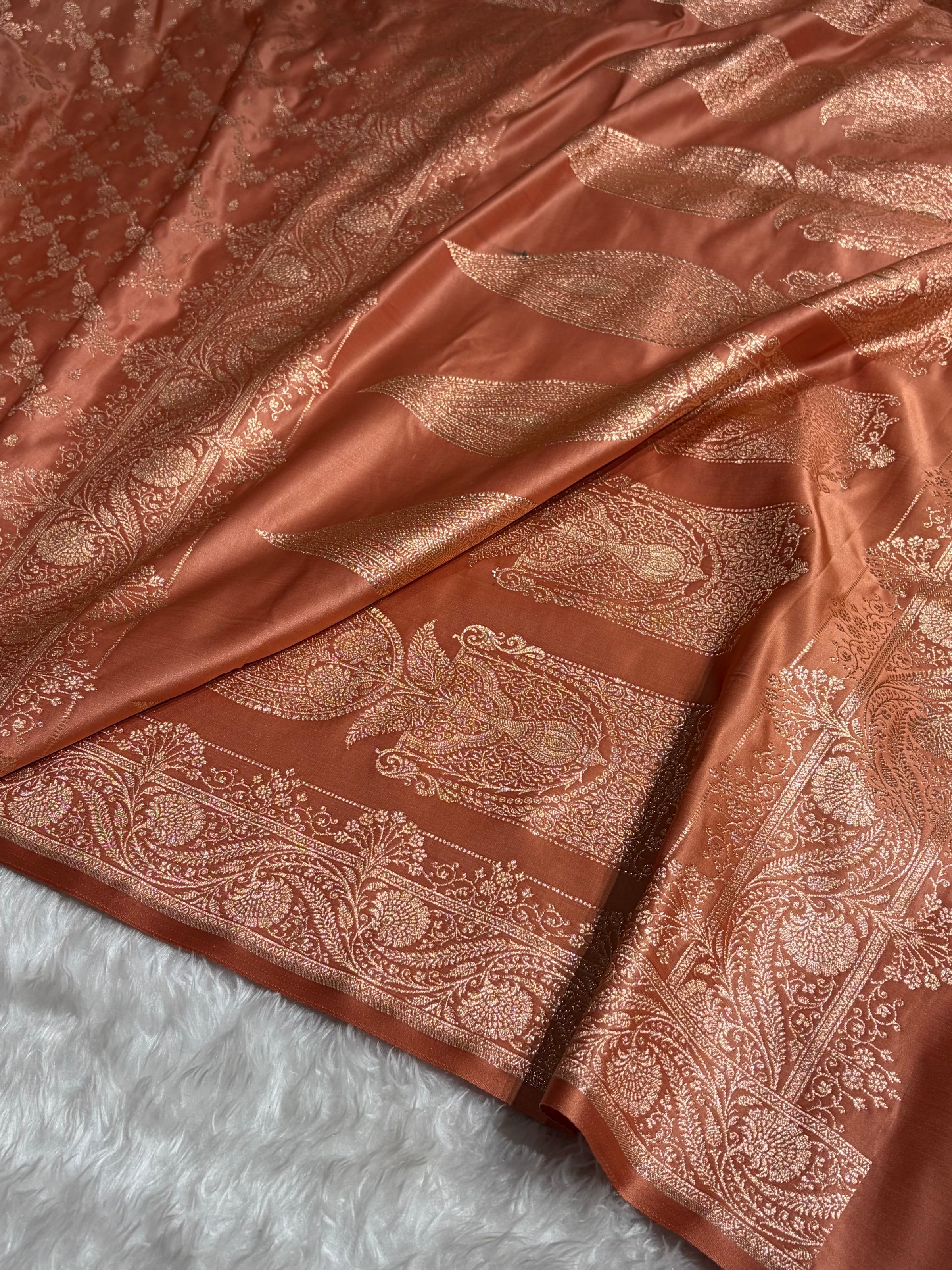 Banarasi Satin Katan Saree Jaal Pattern In Pastel Rust Shades SK133