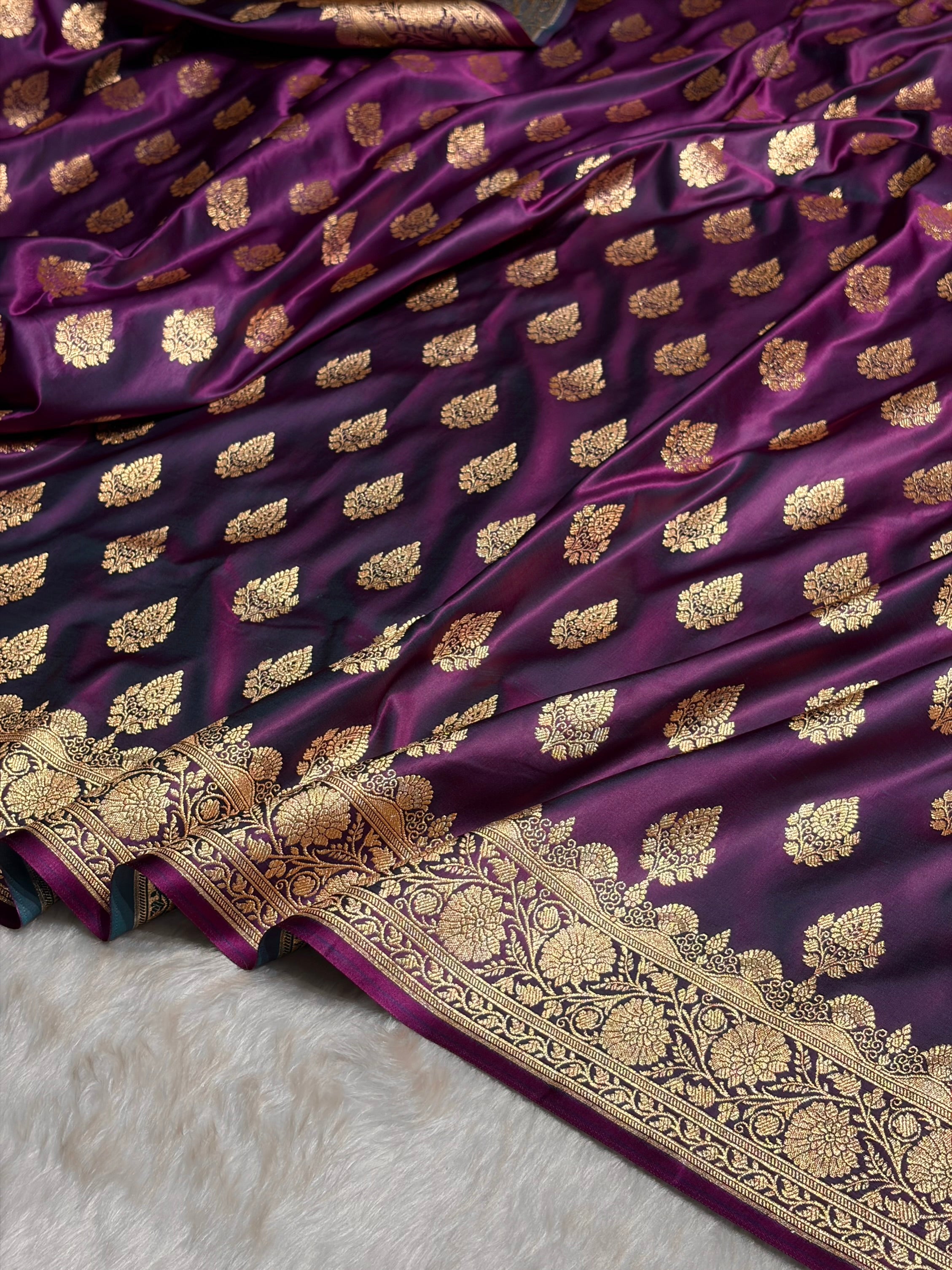 Wine Floral Boota Pattern Satin Katan Silk saree SK45