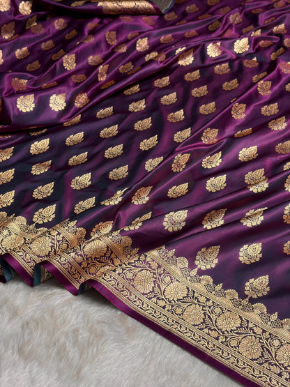 Wine Floral Boota Pattern Satin Katan Silk saree SK45