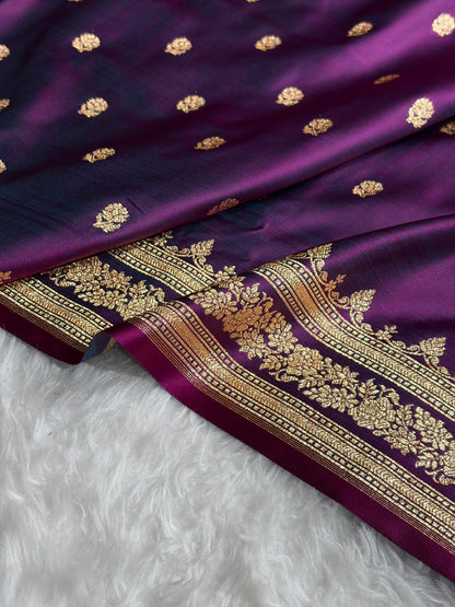 Banarasi Cross Wine Floral Pattern Satin Katan Silk Saree SK76