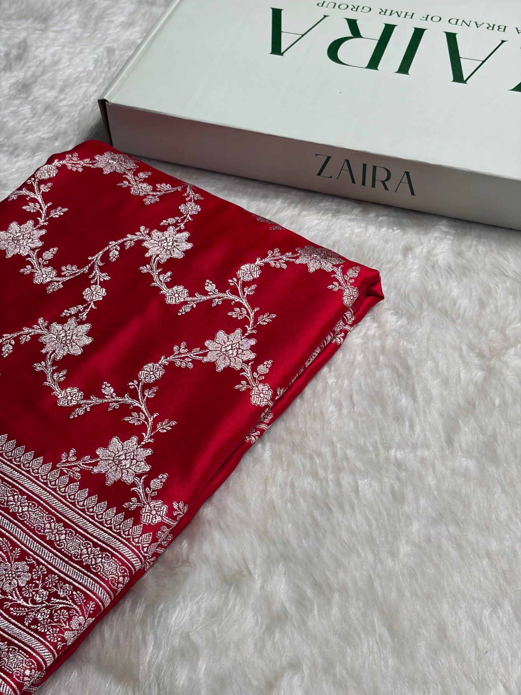 Ruby Red Floral Jaal Mashru Silk Saree MS07