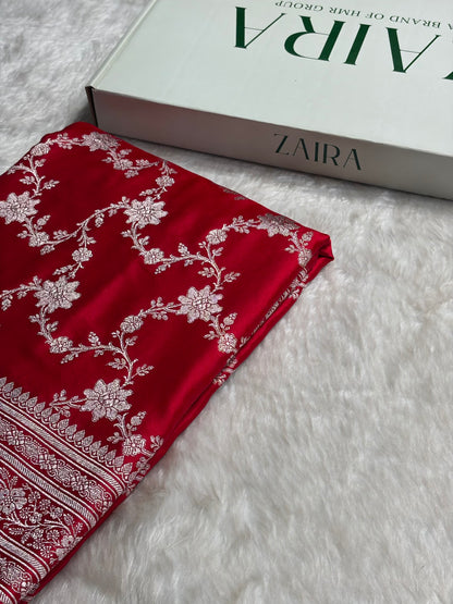 Ruby Red Floral Jaal Mashru Silk Saree MS07