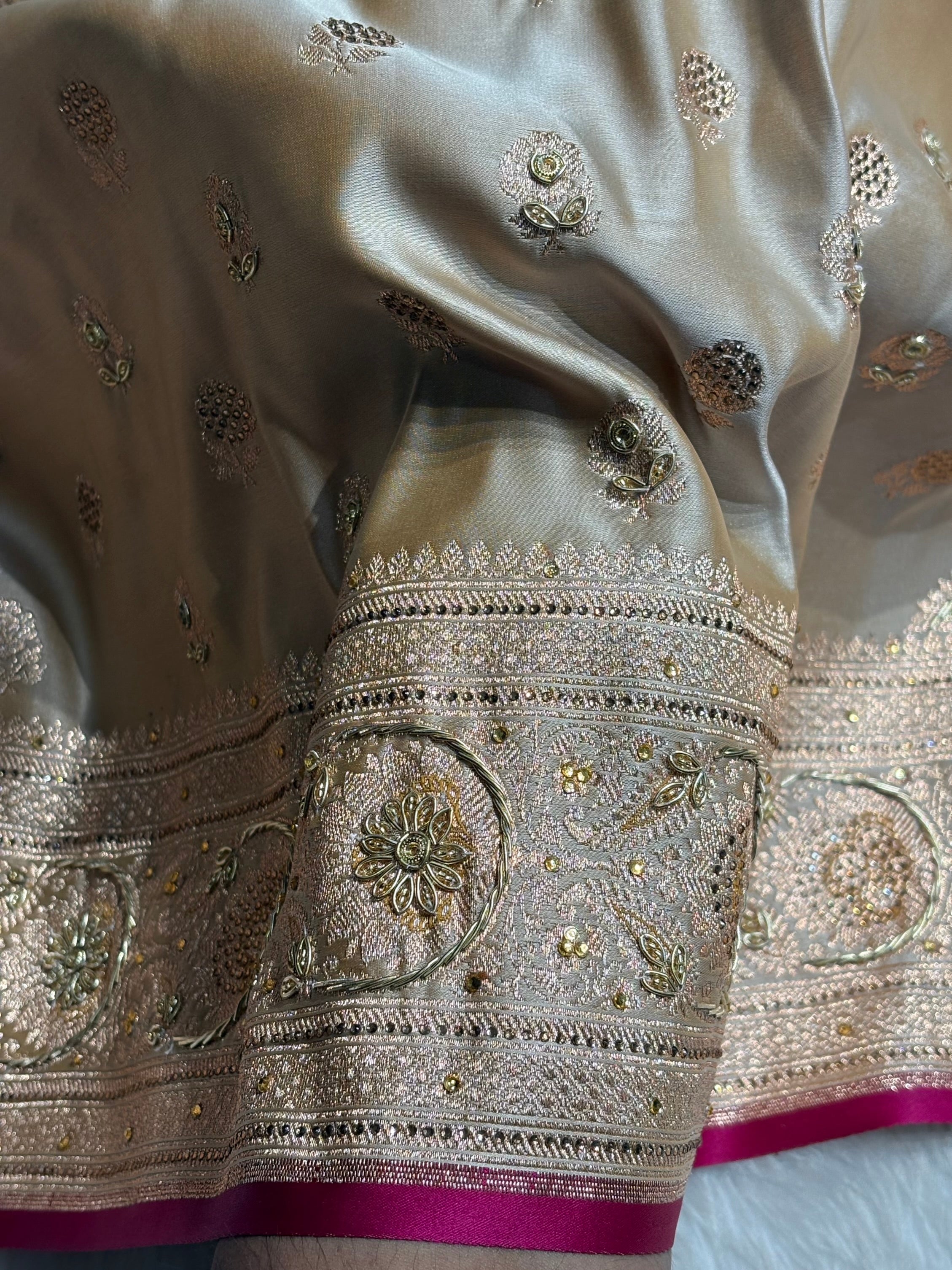 Tusser  Shades Booti Katan Silk Saree with Stone & Zardozi Work BSK12