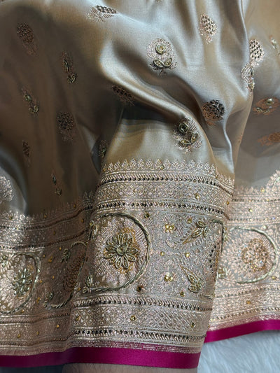 Tusser  Shades Booti Katan Silk Saree with Stone & Zardozi Work BSK12