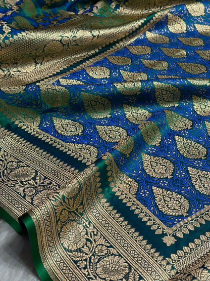 Bottle Green With Royal Blue Tanchoi Satin Katan Silk Saree SKTM-05