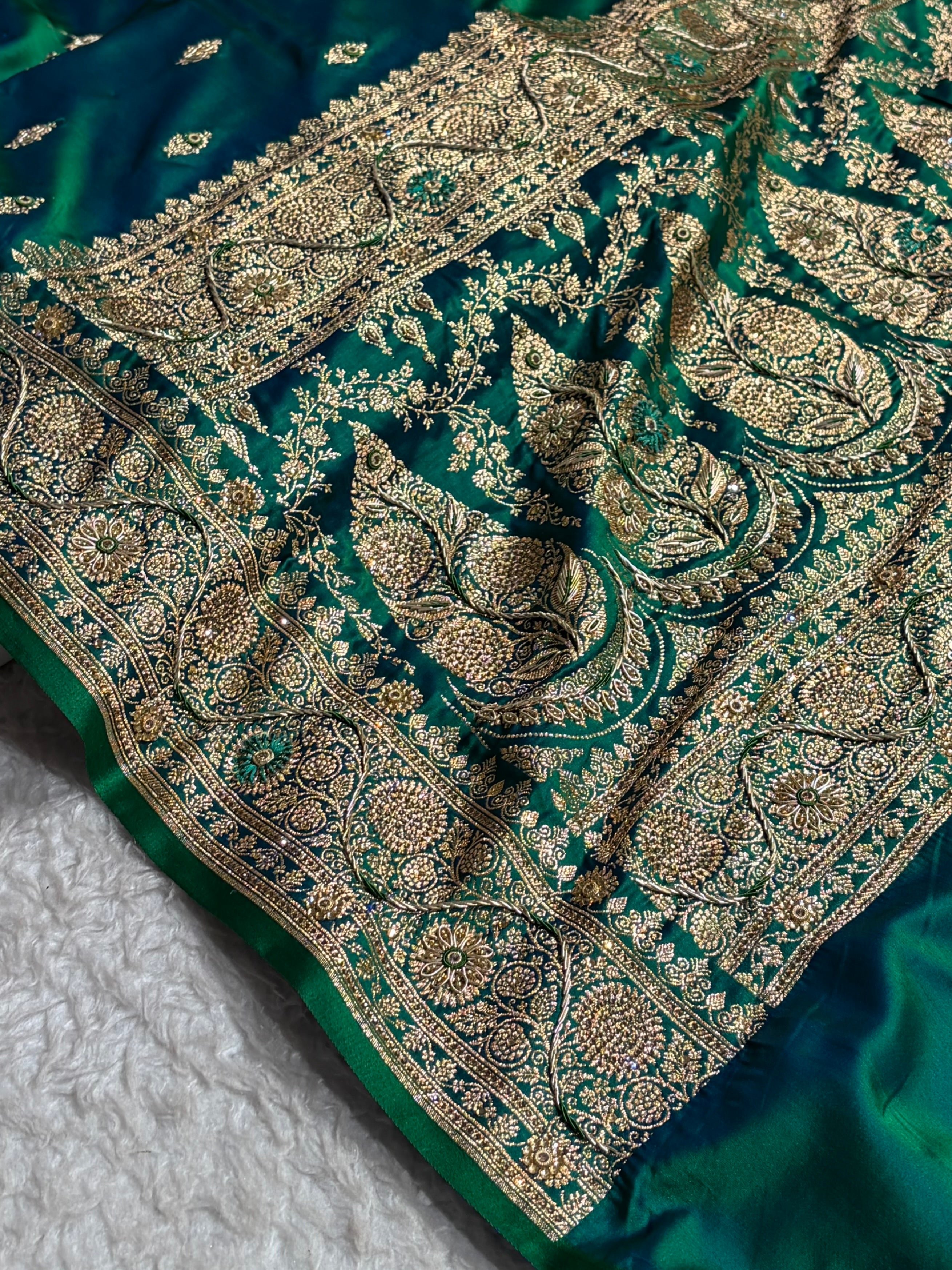 Banarasi Bridal Cross Green Work Pattern Satin Katan Silk Saree BSK82