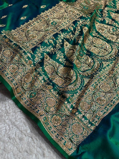 Banarasi Bridal Cross Green Work Pattern Satin Katan Silk Saree BSK82