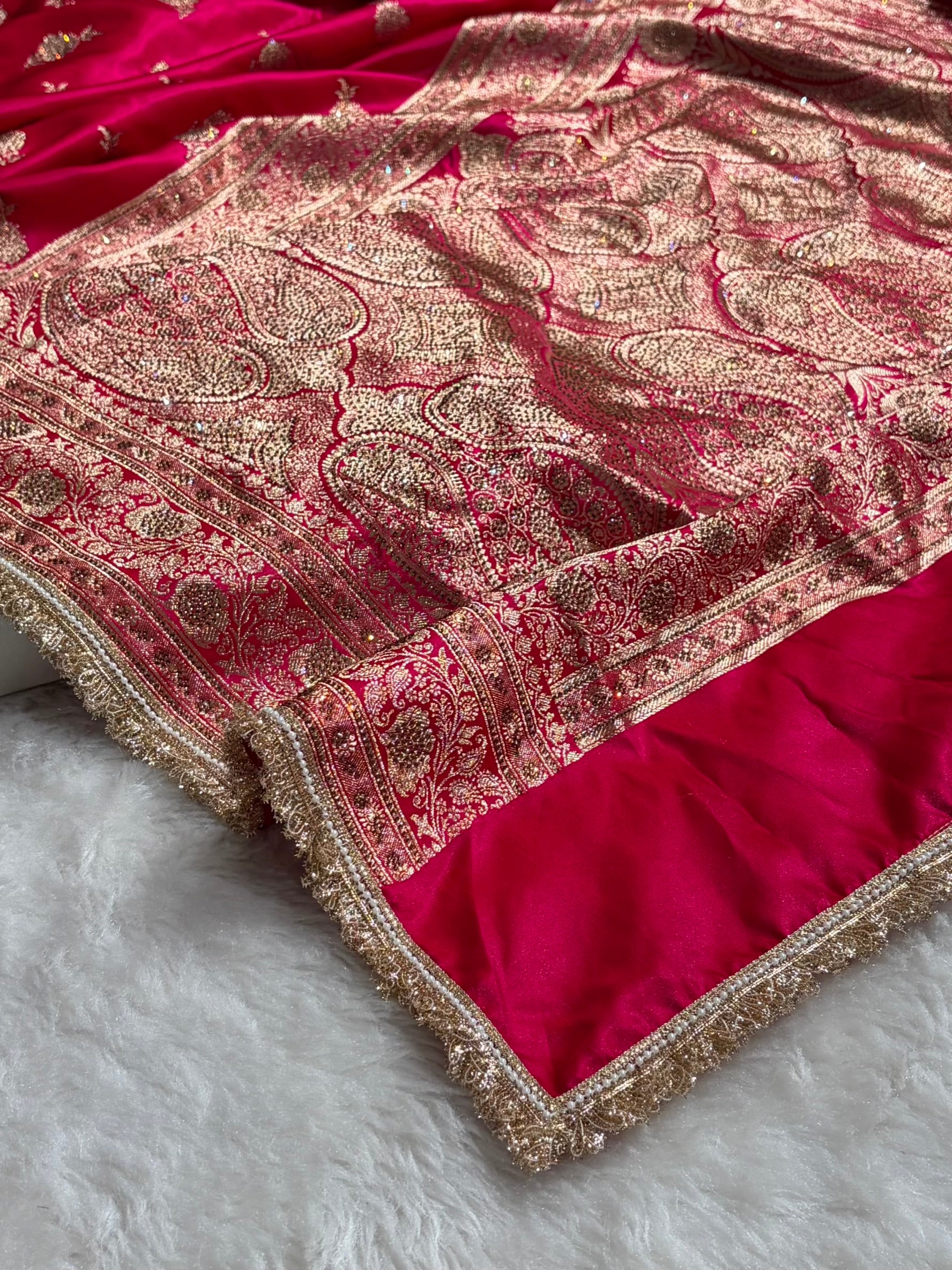 Satin Silk Saree Floral Boota With Swarovski & Gotta Patti Work in Cross Rani Shades BSSGP26