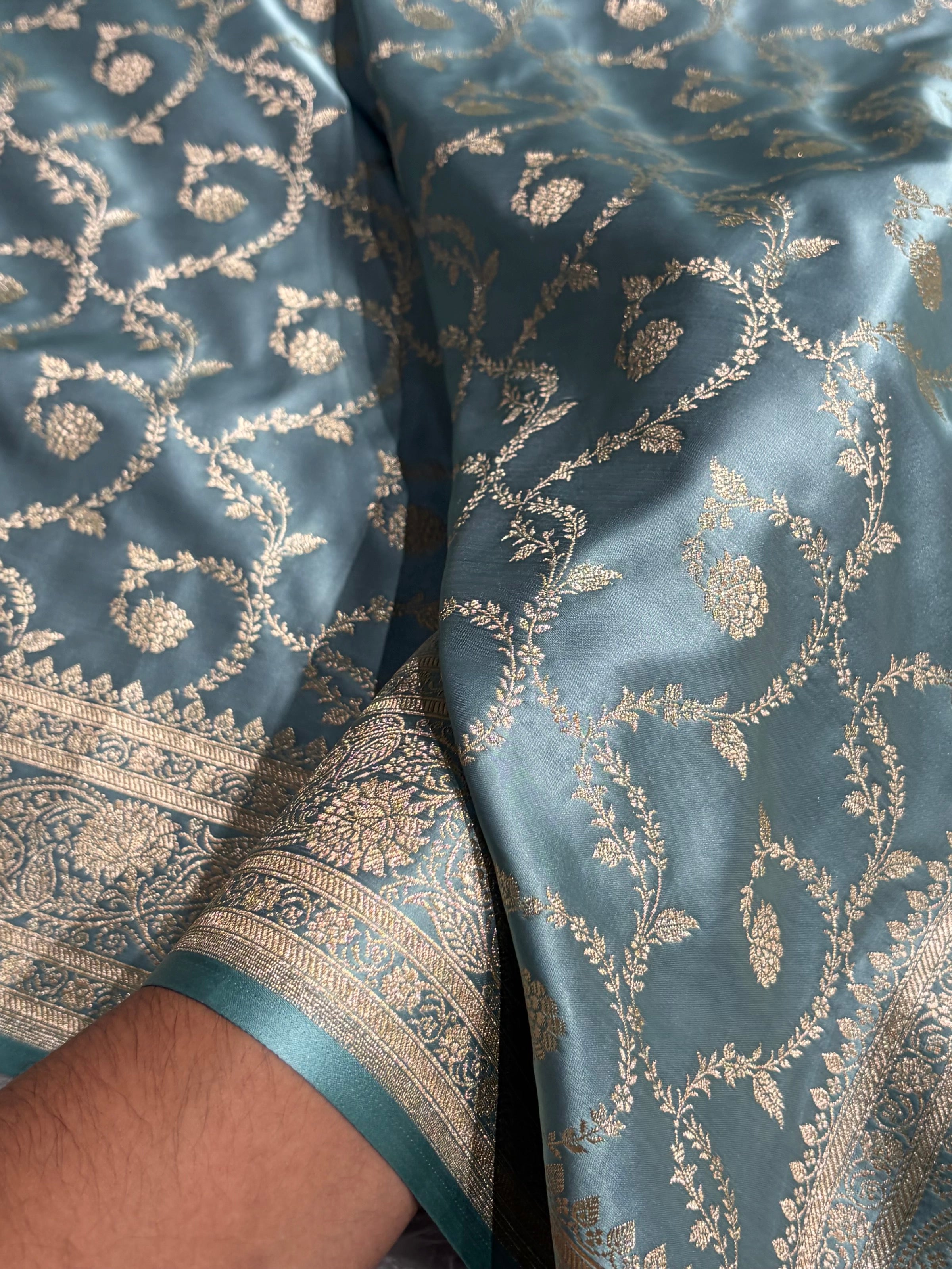 Turquoise Shades Floral Jaal Pattern Satin Katan Silk saree SK55