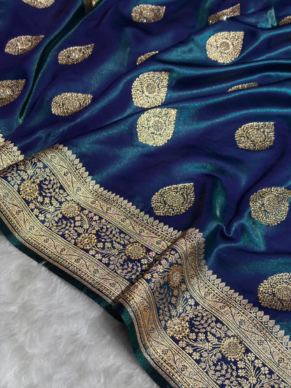Peacock Shades Banarsi Satin Silk Boota with Stone Work