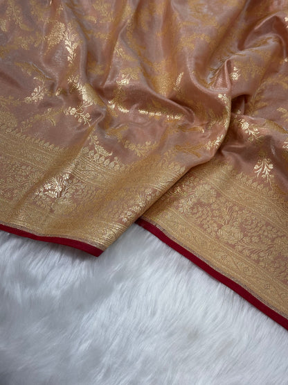Dusty Peach Shades Satin Silk Jaal Pattern Banarasi Saree