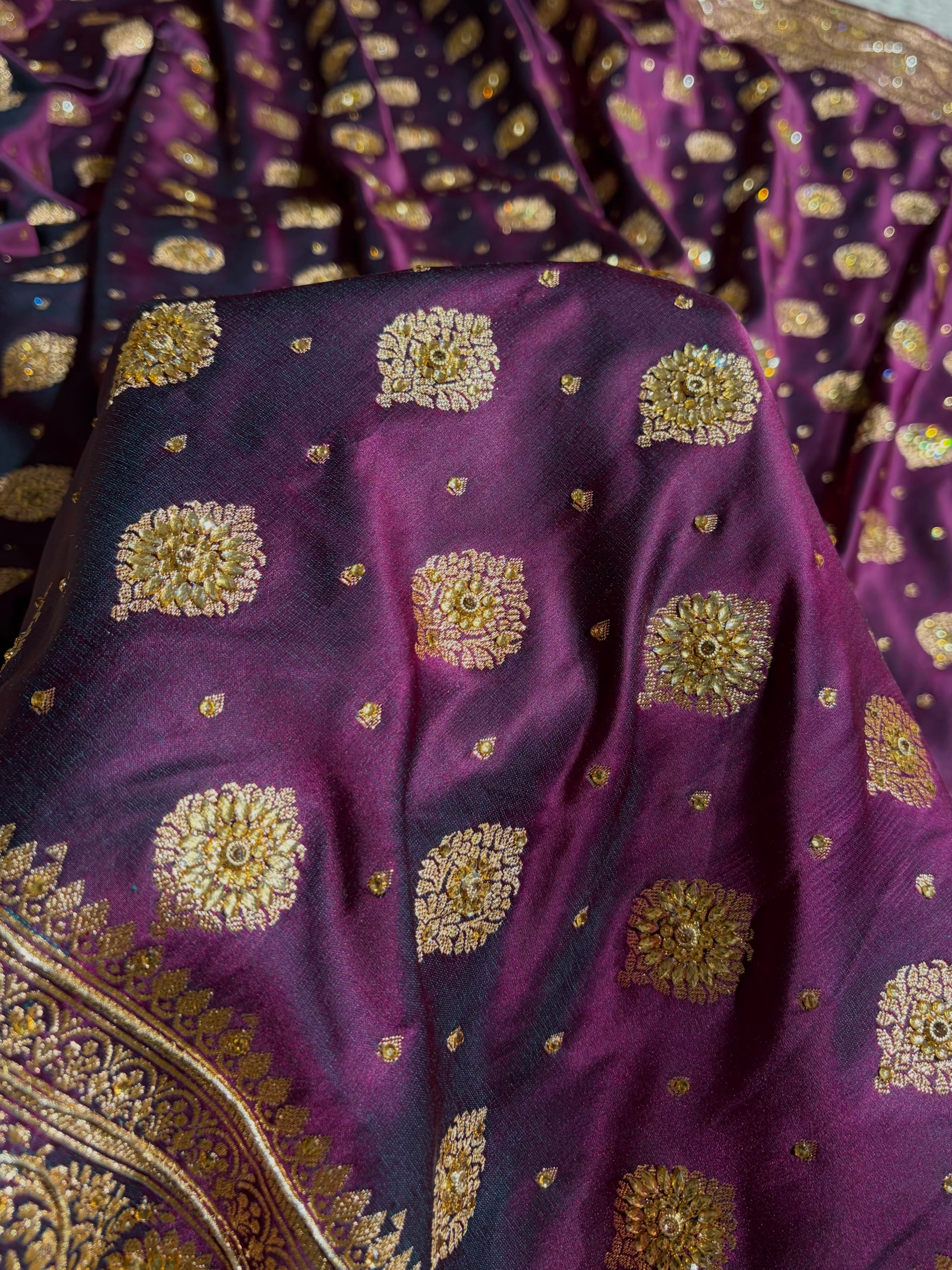 Cross Wine Unique Boota Pattern With Stone & Ari Work Satin Katan Silk Saree BSK69