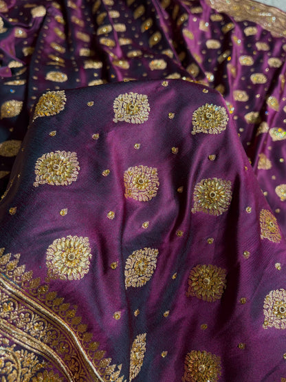 Cross Wine Unique Boota Pattern With Stone & Ari Work Satin Katan Silk Saree BSK69