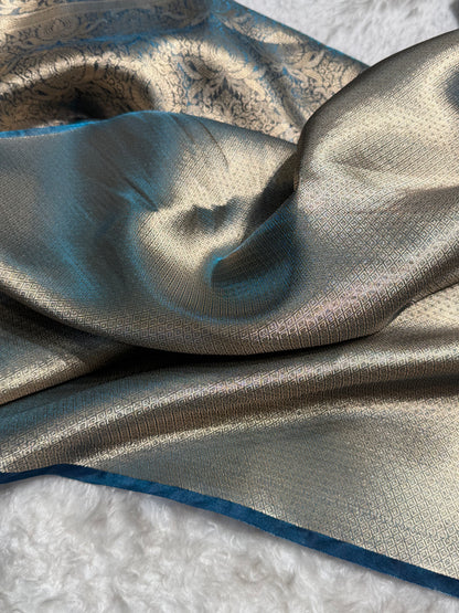 German Blue Shades Pure Tissue Silk Saree with Brocade Blouse PT-18