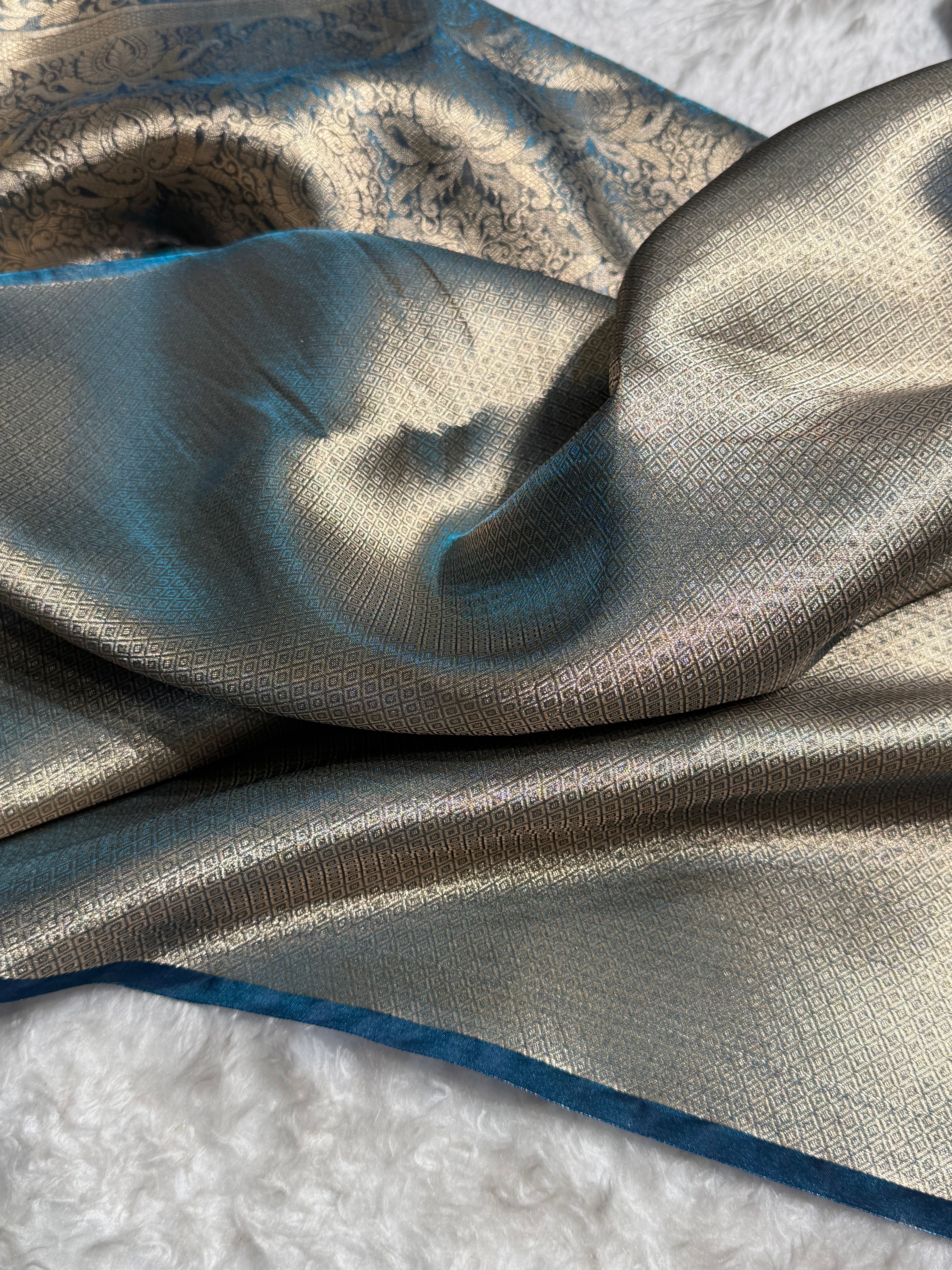 German Blue Shades Pure Tissue Silk Saree with Brocade Blouse PT-18