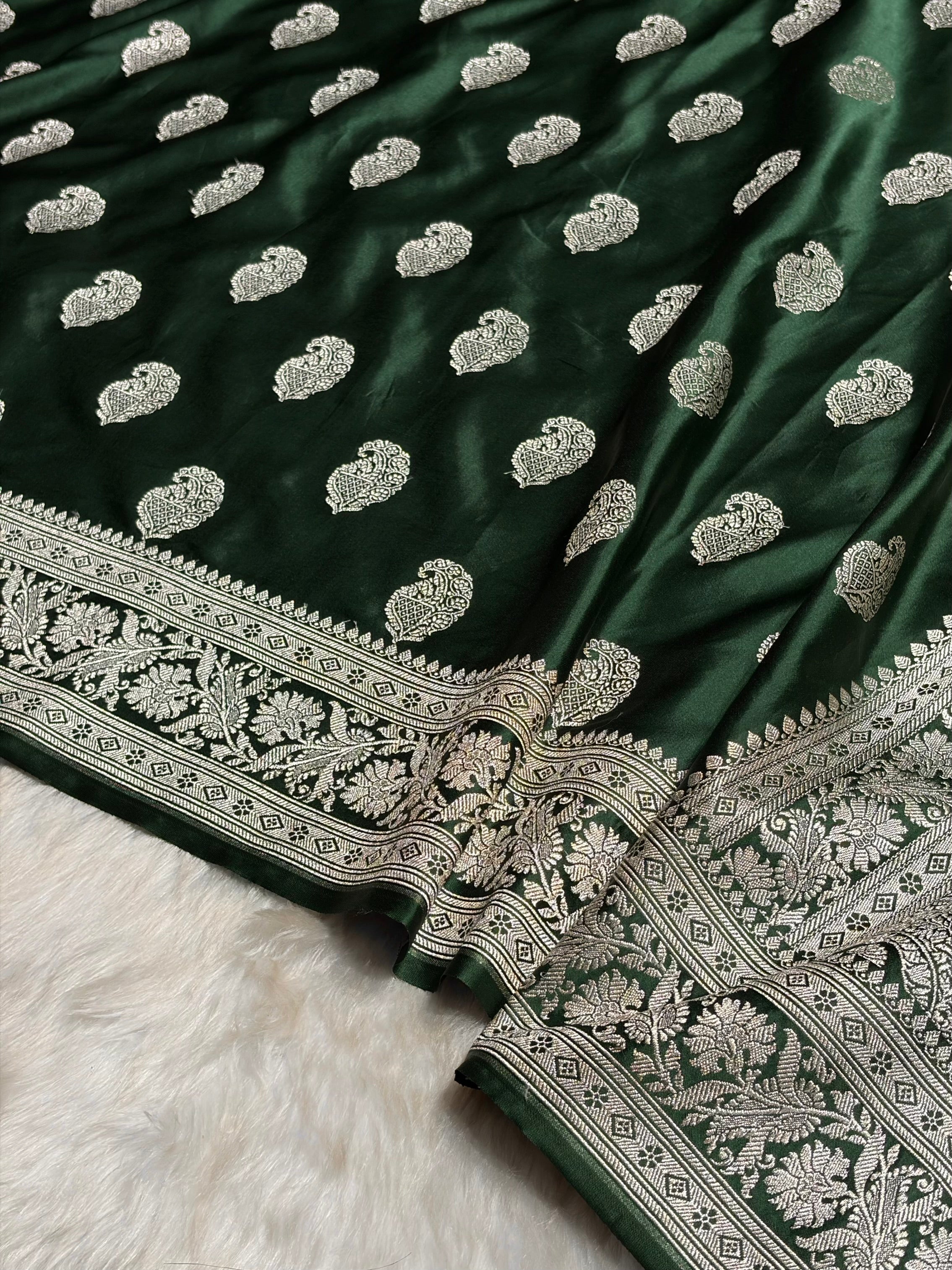 Dark Bottle Green Shades Minakari Motif Mashru Silk Saree MS09