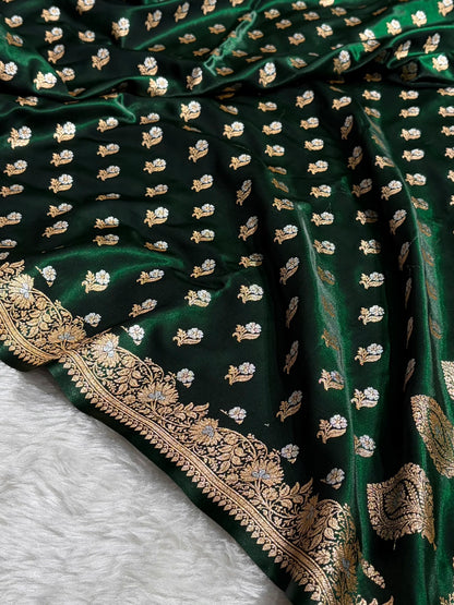 Banarasi Satin Silk Meena Boota in Bottle Green Shades SS38