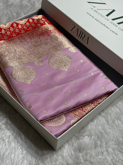 Lavender with Red Booti Satin Katan Silk saree SK29