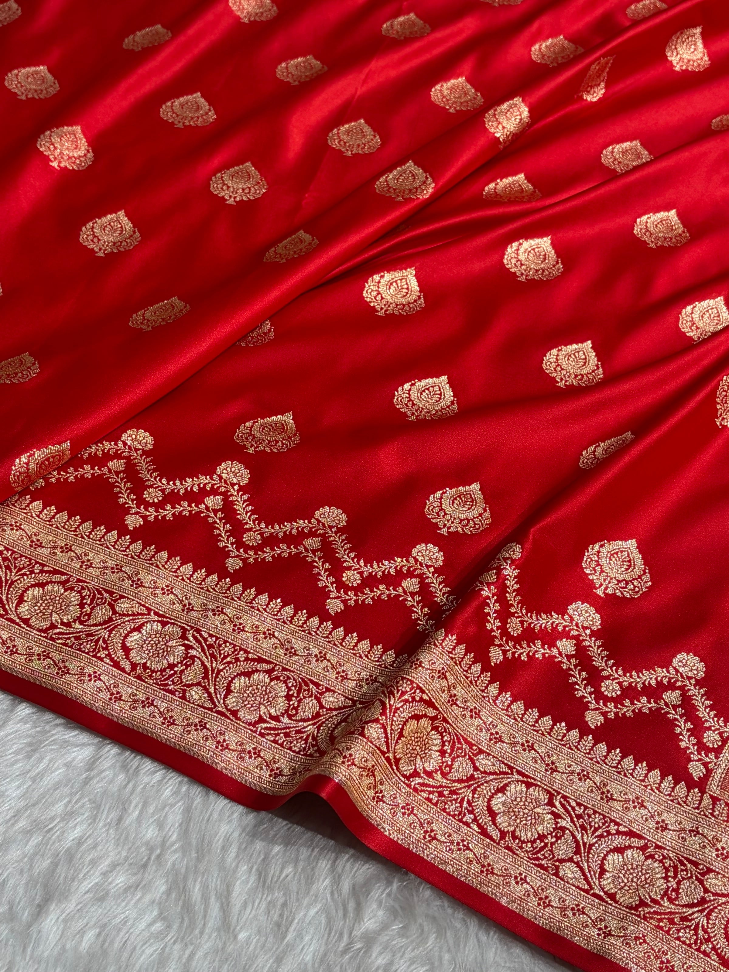 Banarasi Satin Katan Saree Floral Boota Pattern in Red Shades SK145