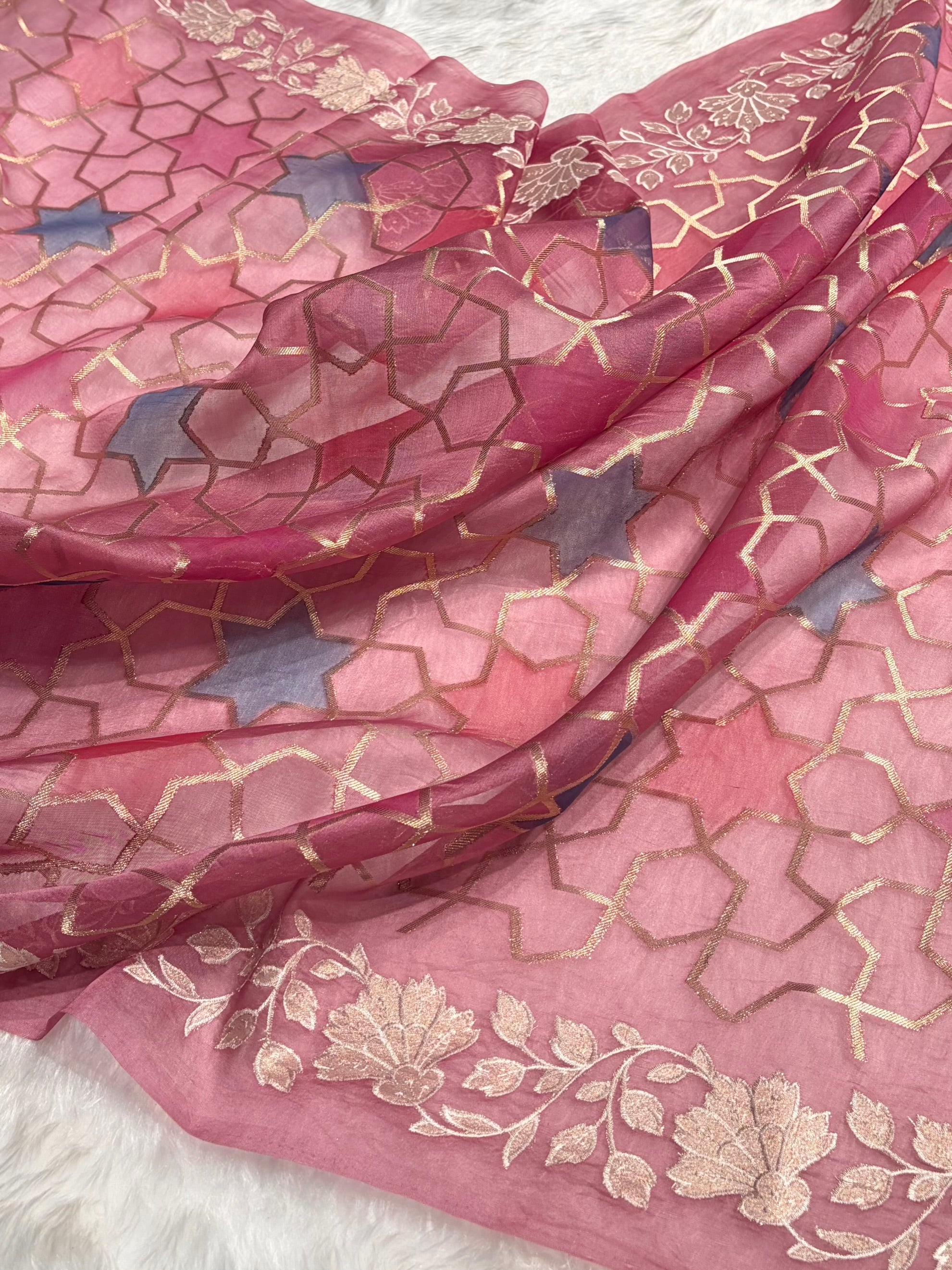 Pure Organza Rangkat Rani Floral Border Banarasi Silk Saree PO-08