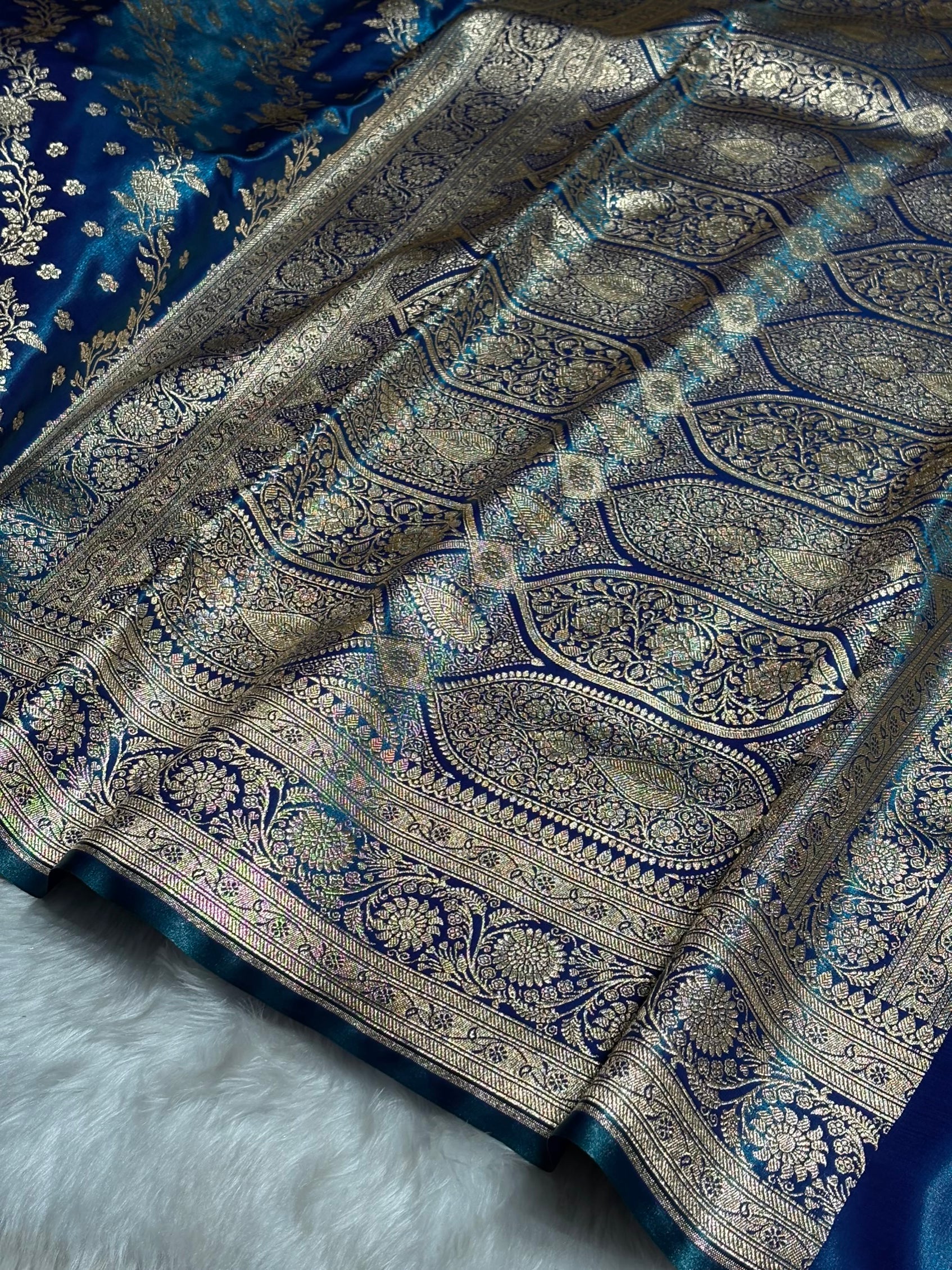 Satin Silk Saree Cross with Booti in Peacock Shades SS24