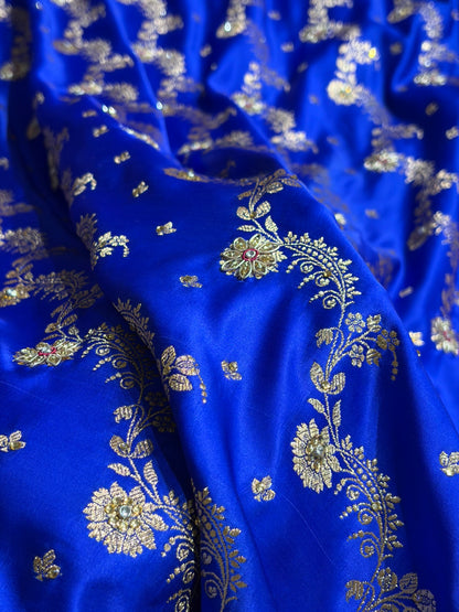 Banarasi Satin Katan Saree With Ari Zardozi Work Jaal Pattern in Royal Blue Shades BSK121