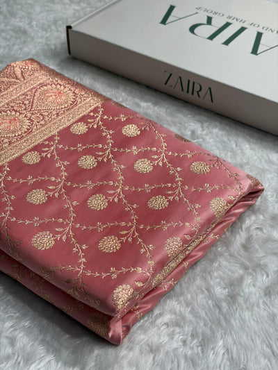 Banarasi Satin Katan Saree Booti Pattern in Baby Pink Shades with Sea Green Edges SK05