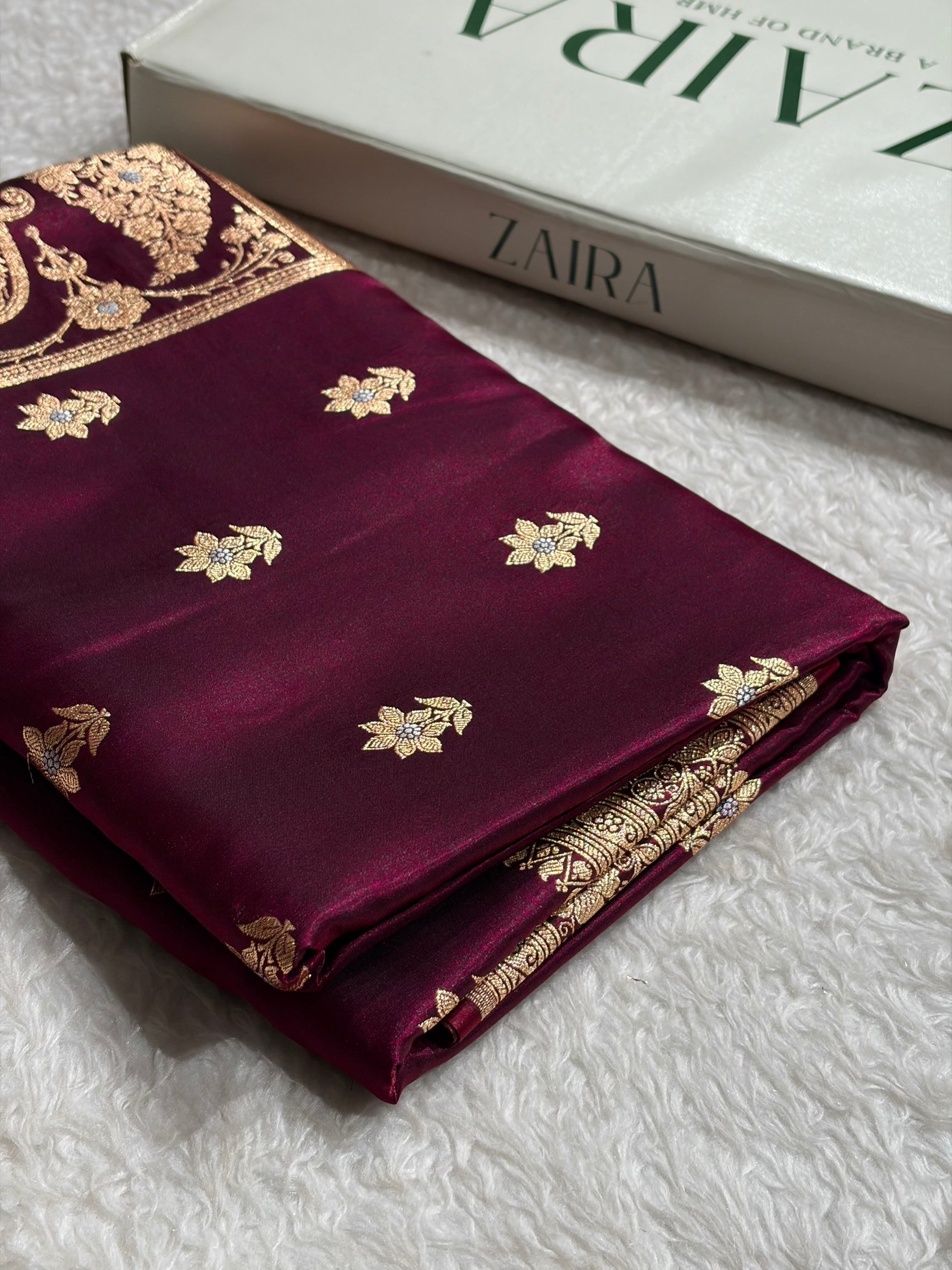 Wine Shades Minakari Boota Pattern Banarasi Satin Silk Saree SS44 – ZAIRA