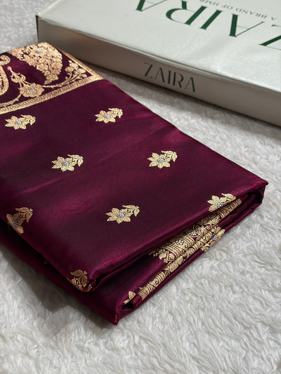 Wine Shades Minakari Boota Pattern Banarasi Satin Silk Saree SS44