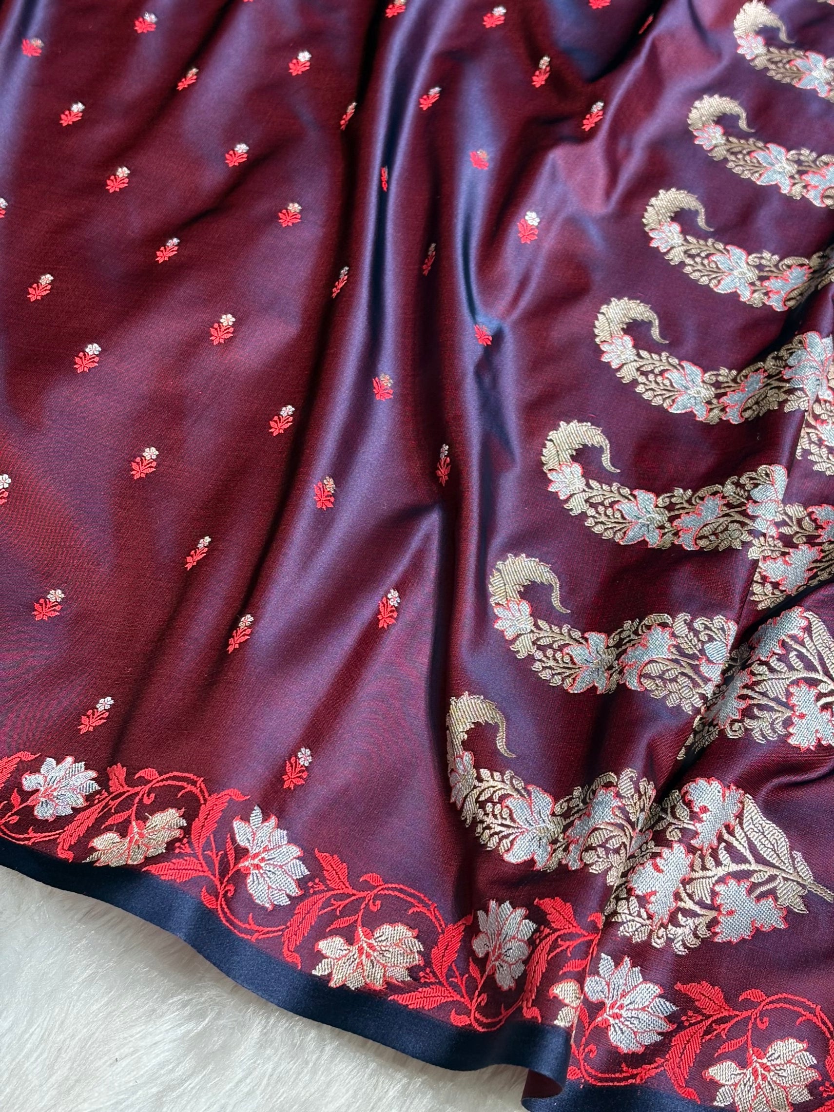 Reddish Navy Floral Boota With Floral Border Mashru Silk Saree MSM 78
