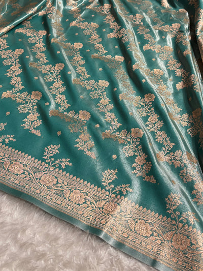 Satin Silk Saree Banarasi Cross with booti In Turquoise Shades SS22