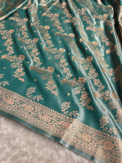 Satin Silk Saree Banarasi Cross with booti In Turquoise Shades SS22
