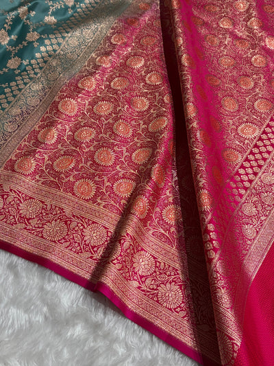 Banarasi Satin Katan Saree Contrast Rama / Rani Shades SK132