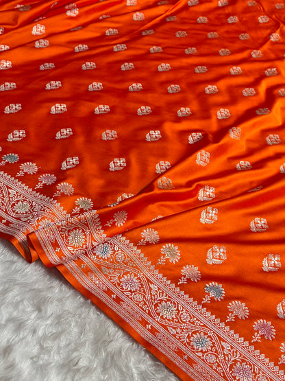 Orange Shades Bananasi Minakari Floral Border Boota Mashru Silk Saree MS66